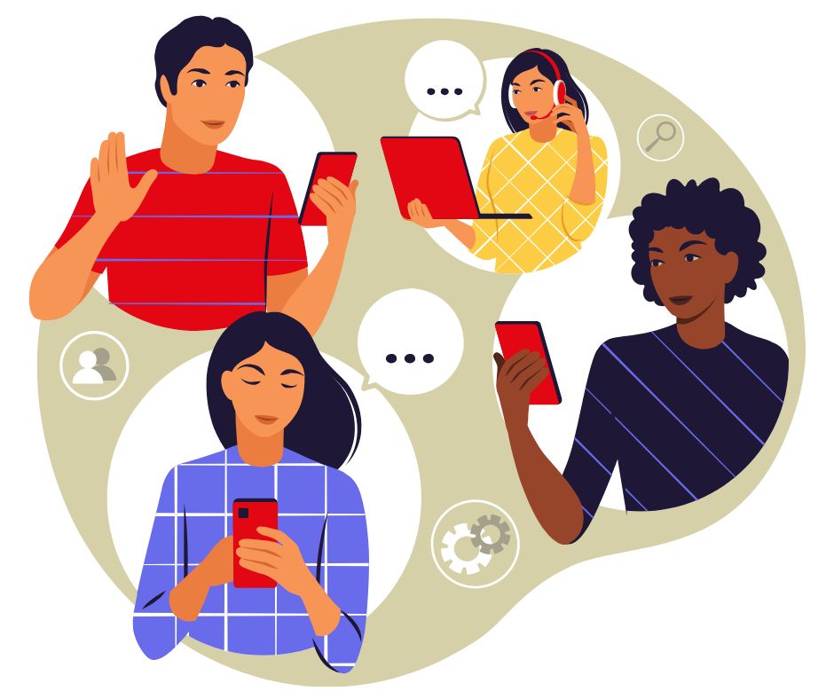 Illustration of four people talking with their digital devices